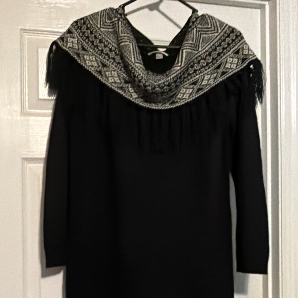 dressbarn Women's Black/White Geometric Fringe Yoke Long Sleeve Top Size L